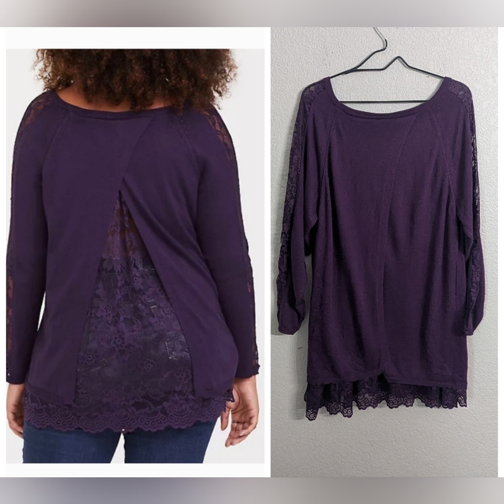 Torrid Purple Pullover Split Back Sweater Lace De… - image 2